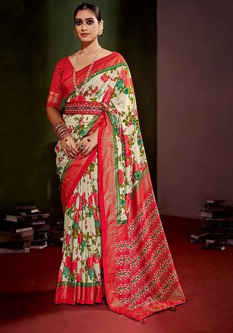 Cream Floral Print Cotton Silk Saree Set