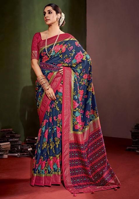 Bright Grey Floral Print Cotton Silk Saree Set