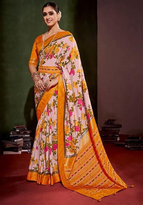 Rose Pink Floral Print Cotton Silk Saree Set