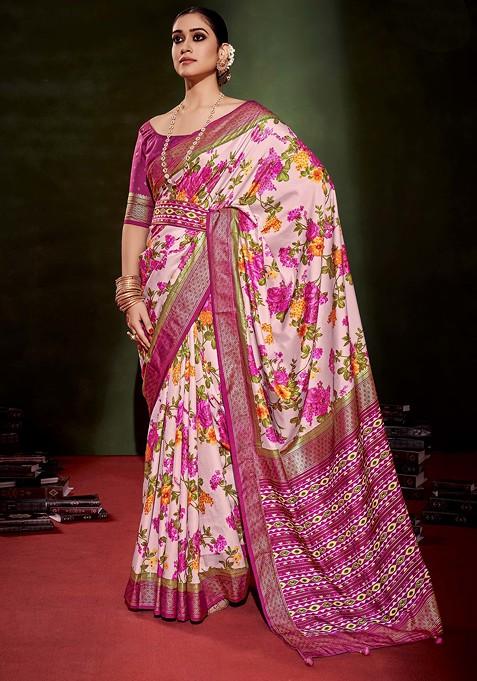 Cavern Pink Floral Print Cotton Silk Saree Set