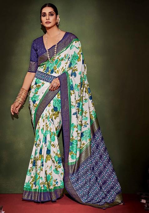 Quill Grey Floral Print Cotton Silk Saree Set