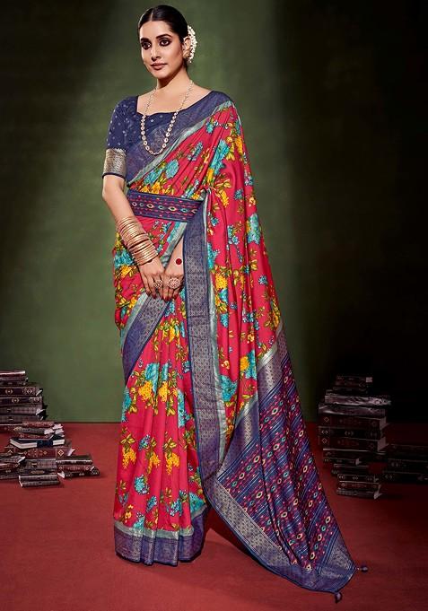 Burgundy Floral Print Cotton Silk Saree Set