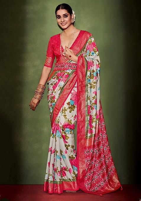 Grey Floral Print Cotton Silk Saree Set