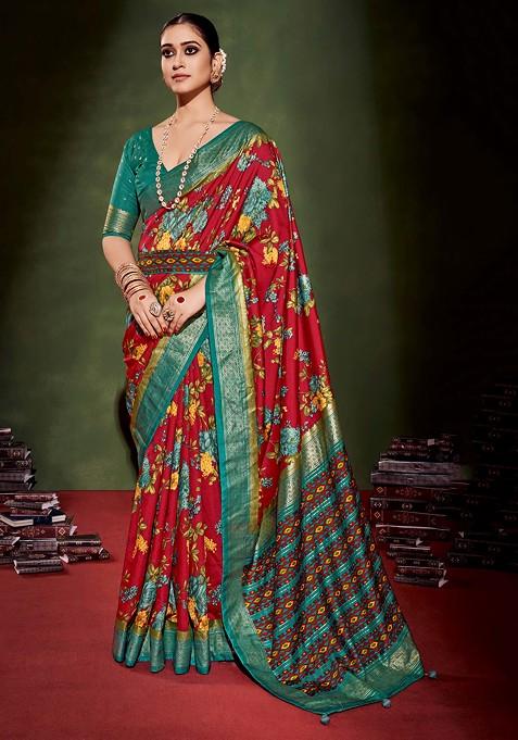 Cornell Red Floral Print Cotton Silk Saree Set