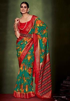 Pine Green Floral Print Cotton Silk Saree Set