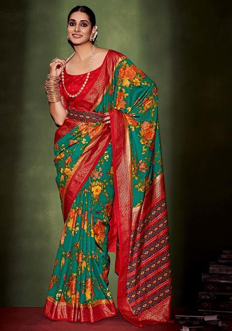 Pine Green Floral Print Cotton Silk Saree Set