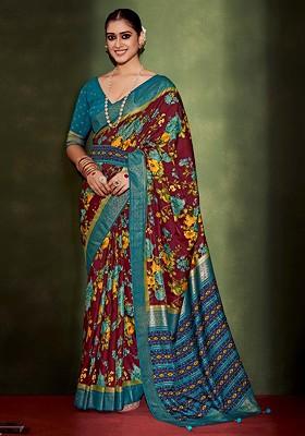 Wine Floral Print Cotton Silk Saree Set