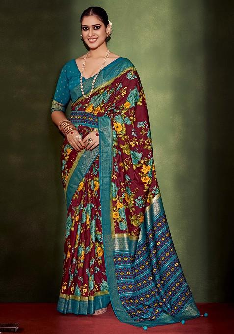 Wine Floral Print Cotton Silk Saree Set