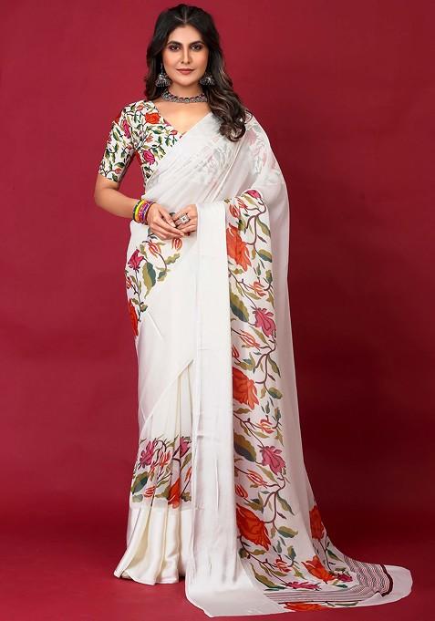 White Floral Print Georgette Satin Saree Set