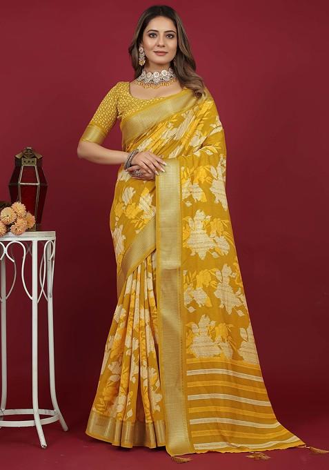 Dark Golden Floral Print Cotton Silk Saree Set