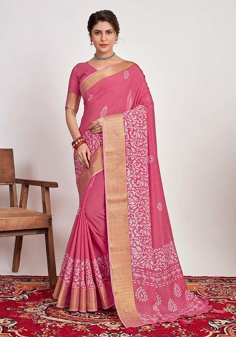 Pink Batik Print Cotton Silk Saree Set