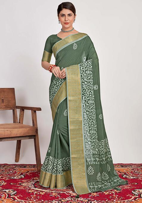 Hazel Green Batik Print Cotton Silk Saree Set