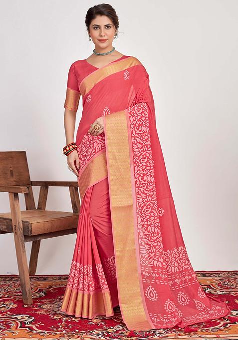 Carmine Pink Batik Print Cotton Silk Saree Set