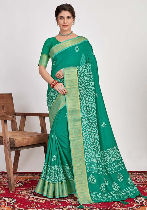 Teal Batik Print Cotton Silk Saree Set