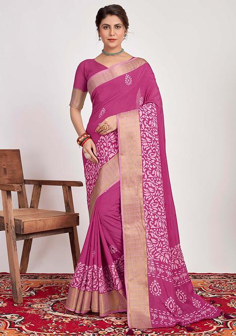 Tulip Pink Batik Print Cotton Silk Saree Set