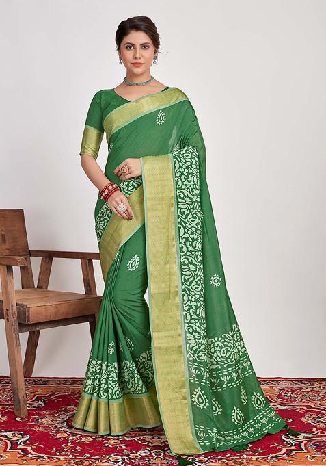 Pine Green Batik Print Cotton Silk Saree Set