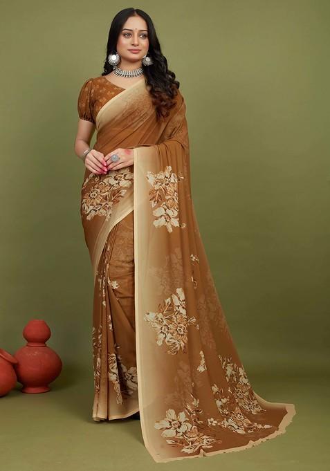 Brown Floral Print Georgette Saree Set