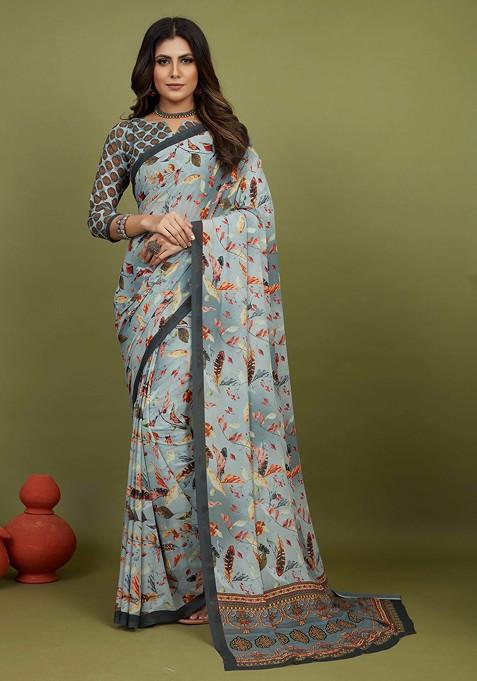 Grey Feather Print Georgette Saree Set