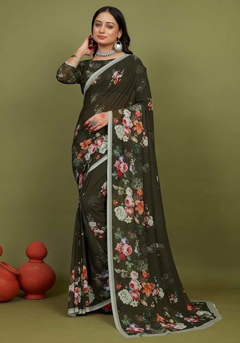 Green Floral Print Georgette Saree Set