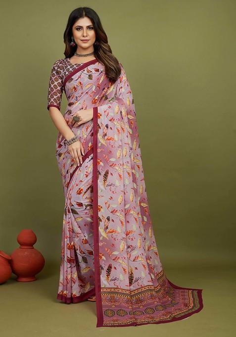 Pink Feather Print Georgette Saree Set