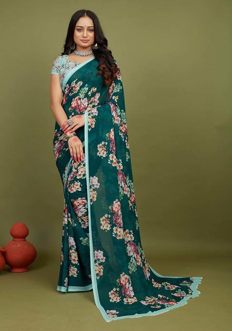 Dark Teal Floral Print Georgette Saree Set