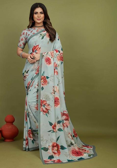 Ash Grey Floral Print Georgette Saree Set