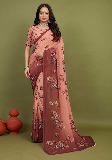 Dark Peach Floral Print Georgette Saree Set