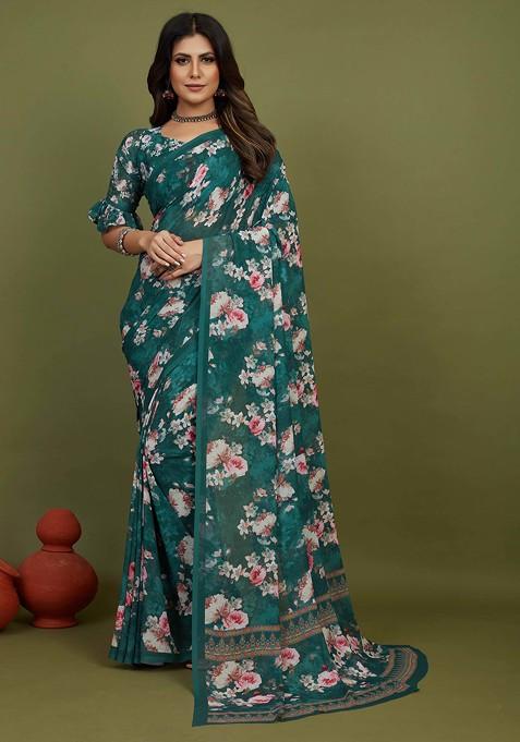 Sea Green Floral Print Georgette Saree Set