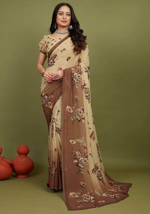 Khaki Floral Print Georgette Saree Set