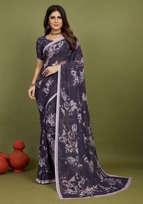 Purple Floral Print Georgette Saree Set