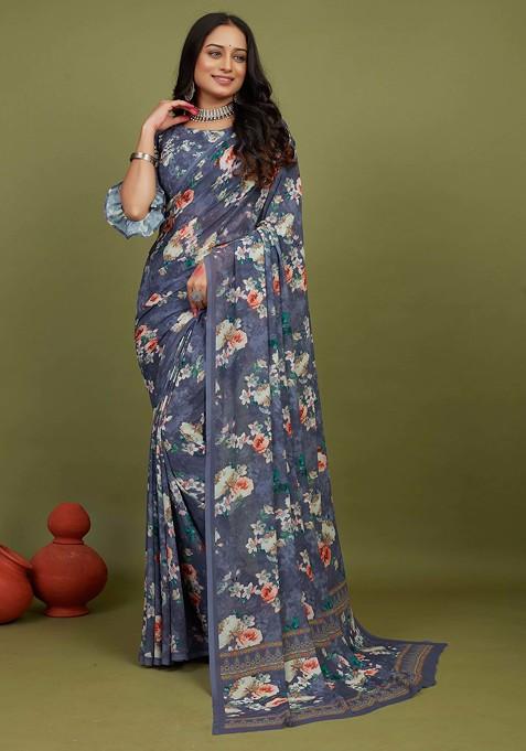 Bright Grey Floral Print Georgette Saree Set