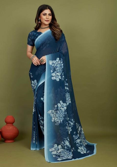 Nile Blue Floral Print Georgette Saree Set