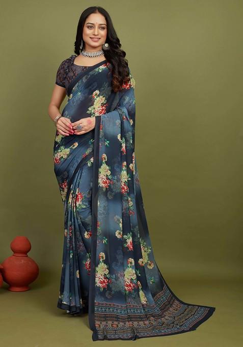 Slate Grey Floral Print Georgette Saree Set