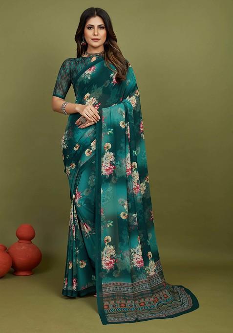 Sherwood Green Floral Print Georgette Saree Set