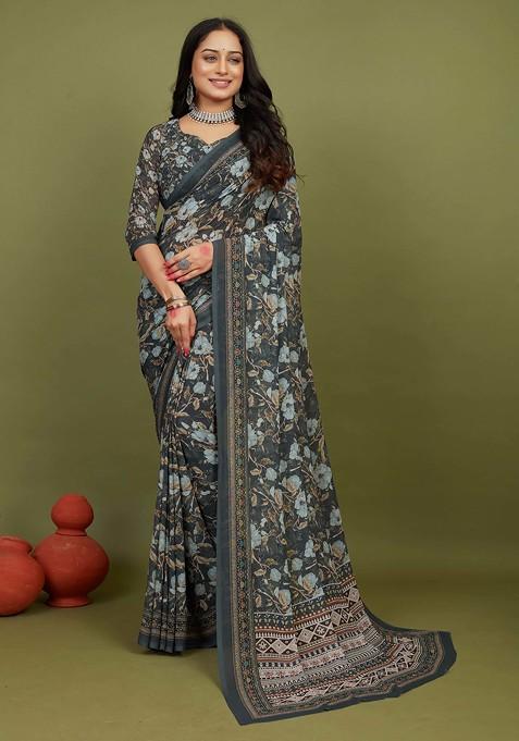 Grey Floral Print Georgette Saree Set