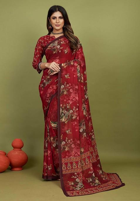 Red Floral Print Georgette Saree Set