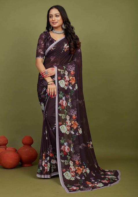 Seal Brown Floral Print Georgette Saree Set