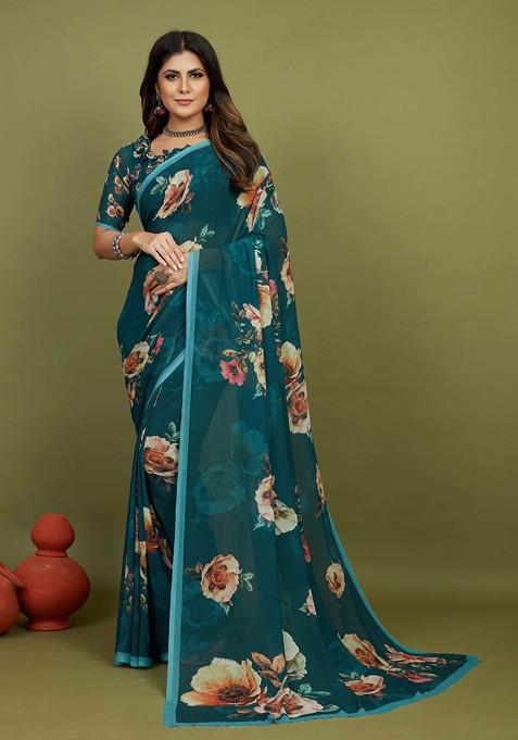 Dark Aqua Floral Print Georgette Saree Set