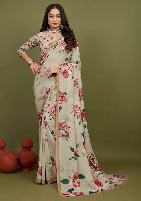 Beige Floral Print Georgette Saree Set