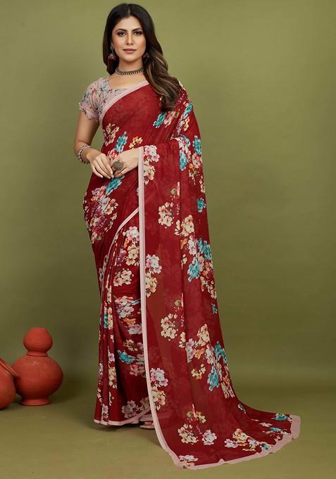 Dark Red Floral Print Georgette Saree Set