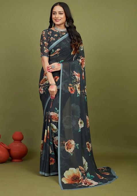 Dark Grey Floral Print Georgette Saree Set