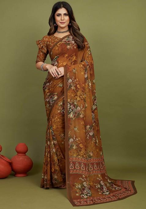 Rust Orange Floral Print Georgette Saree Set