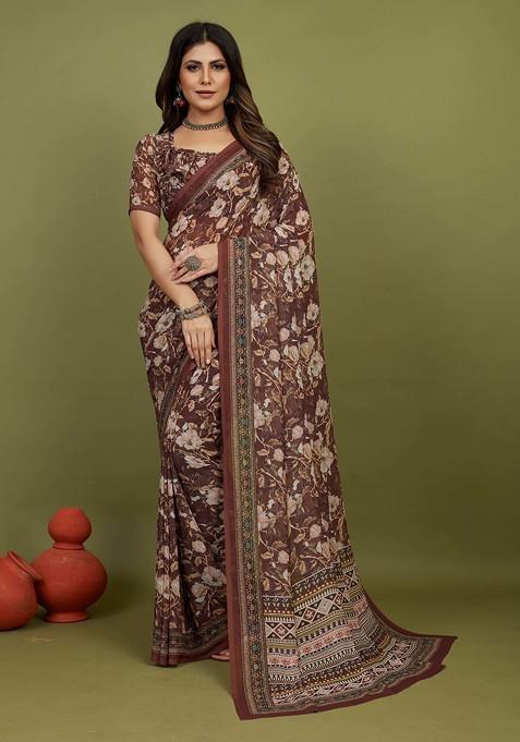 Brown Floral Print Georgette Saree Set