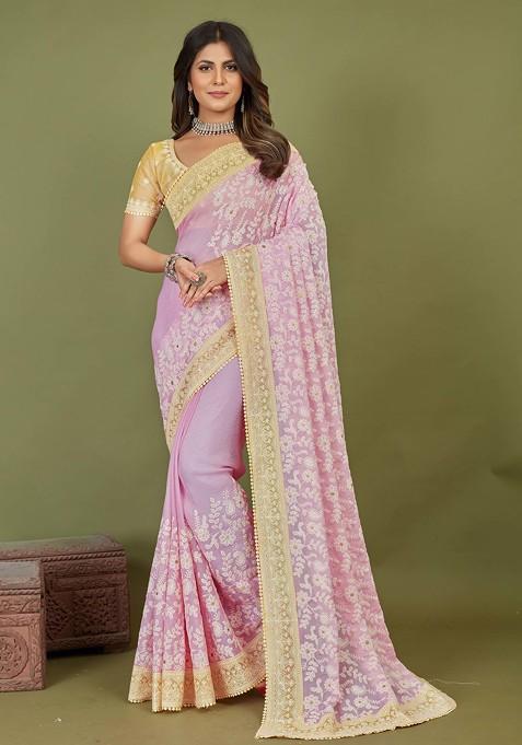 Baby Pink Embroidered Chiffon Saree Set