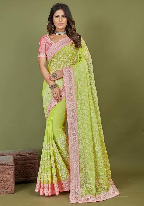 Olive Green Embroidered Chiffon Saree Set