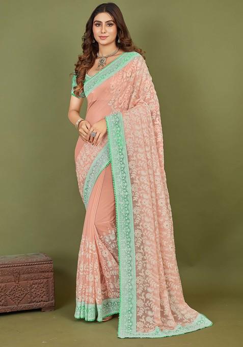 Peach Embroidered Chiffon Saree Set