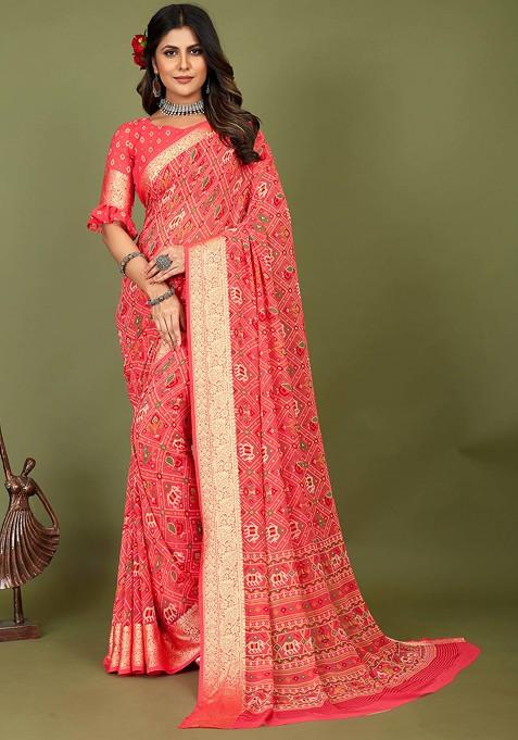 Peach Patola Print Cotton Silk Saree Set