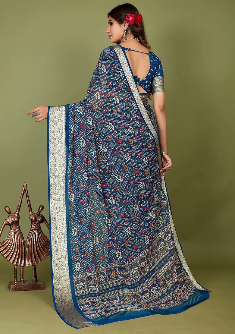 Regal Blue Patola Print Cotton Silk Saree Set