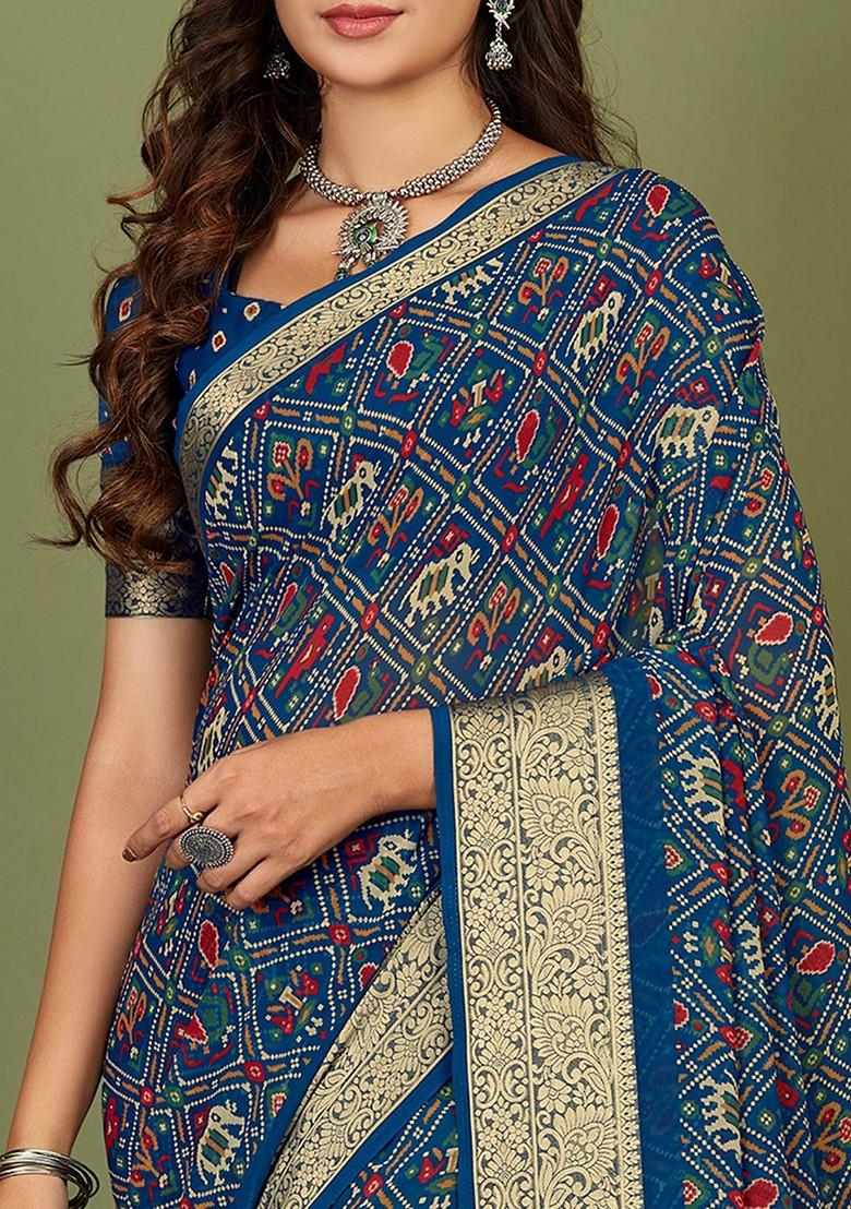 Regal Blue Patola Print Cotton Silk Saree Set