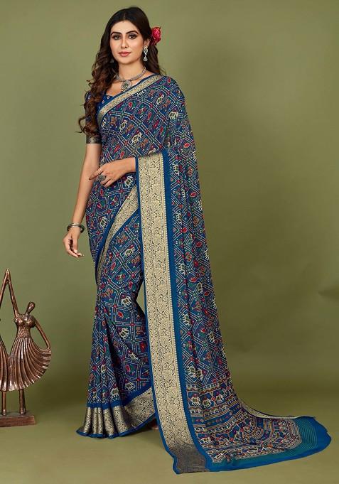 Regal Blue Patola Print Cotton Silk Saree Set